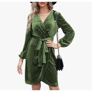 NEW Green Ribbed Faux Wrap Velvet Cocktail Party Club Dress L